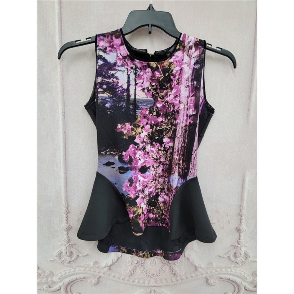 NWOT Hale Bob M Hydrangea Black Purple Peplum Top 121080